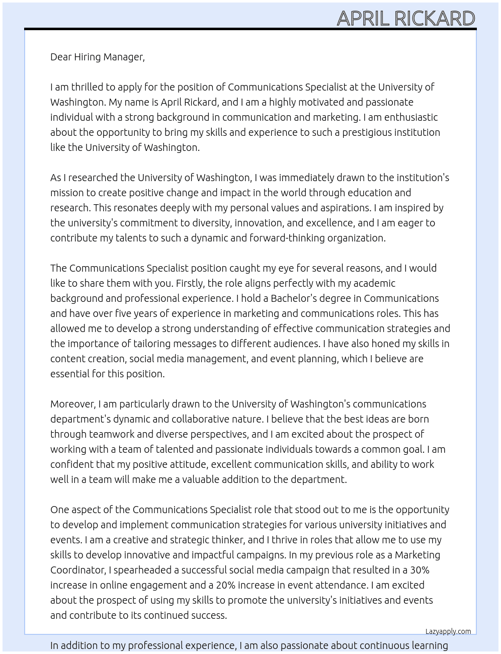 Communications Specialist At University of Washington Cover Letter
