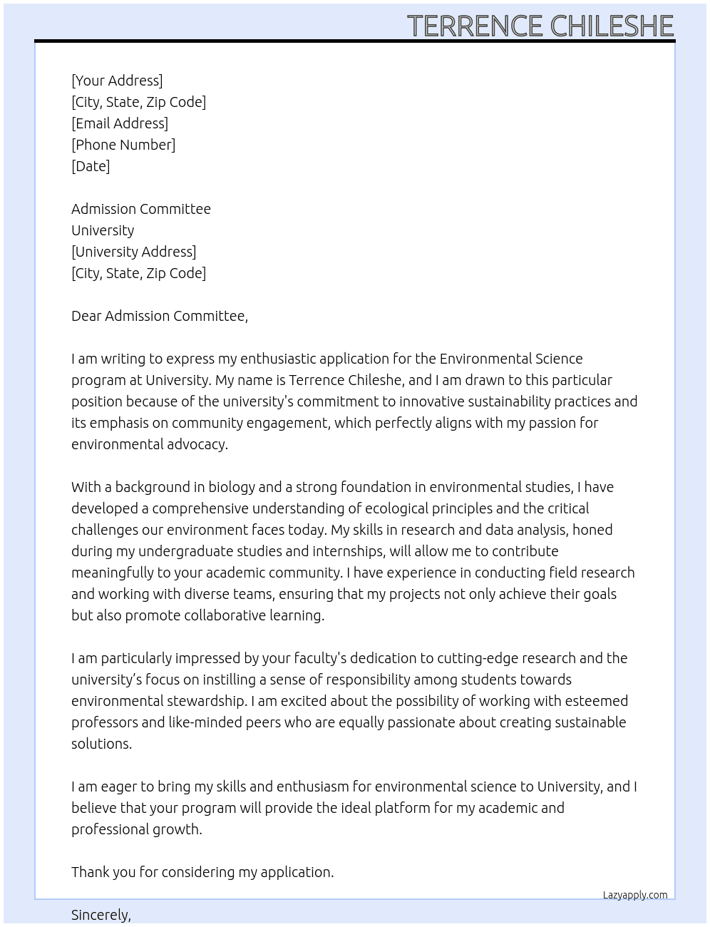 Cover letter for environmental science - LazyApply