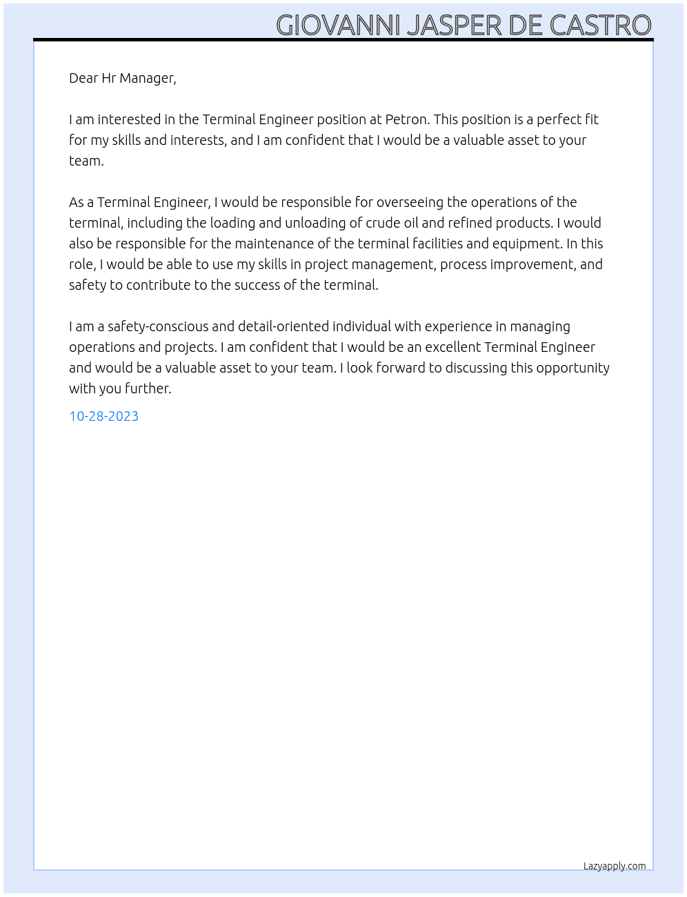 Terminal Engineer At Petron Cover Letter