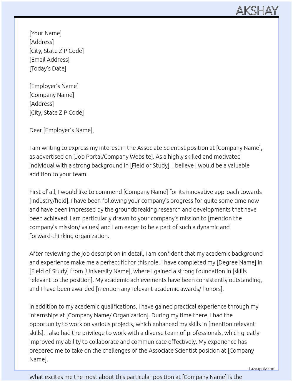 associate scientist At xxx Cover Letter