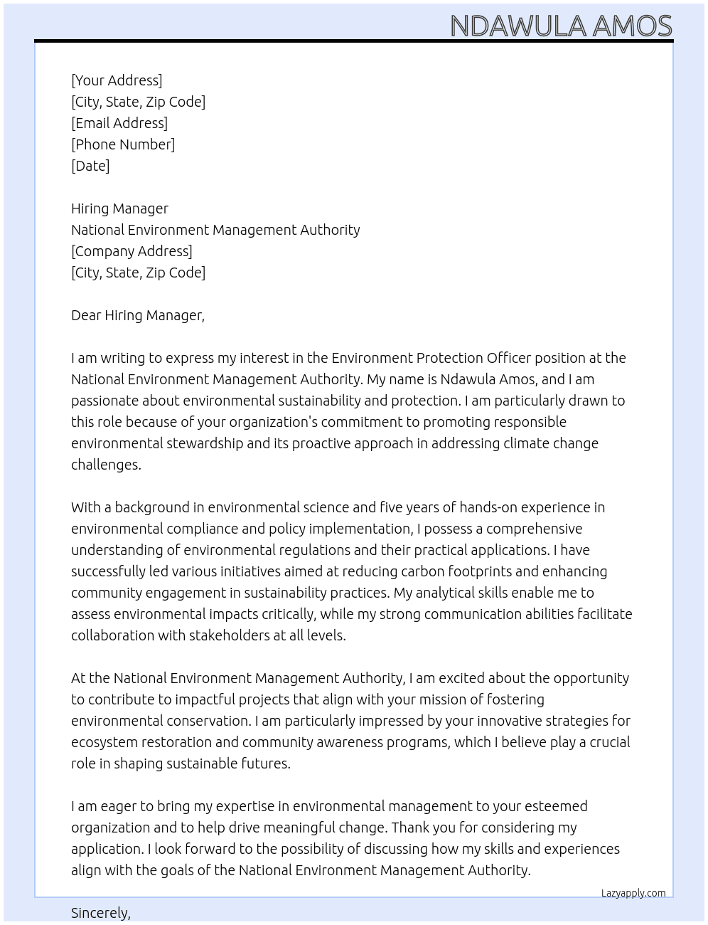 ENVIRONMENT PROTETION OFFICER At NANTIONAL ENVIRONMENT MANAGEMENT AUTHORITY Cover Letter