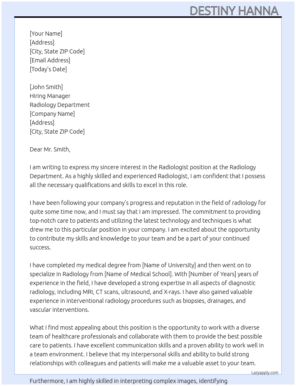 Radiologist  At Radiology Department  Cover Letter