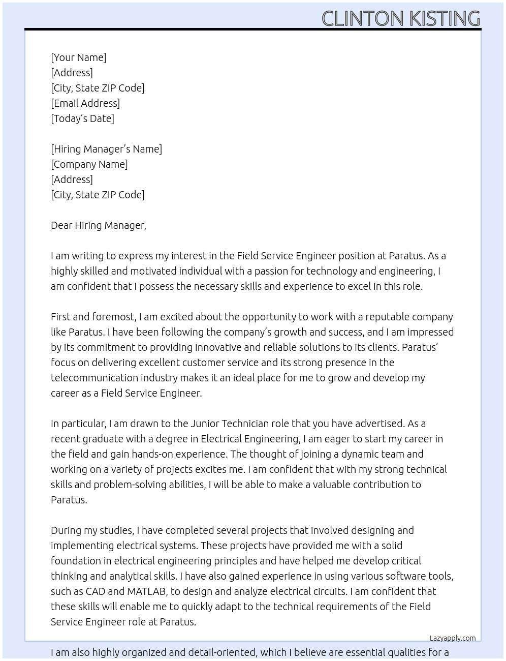Field Service Engineer At Paratus Cover Letter