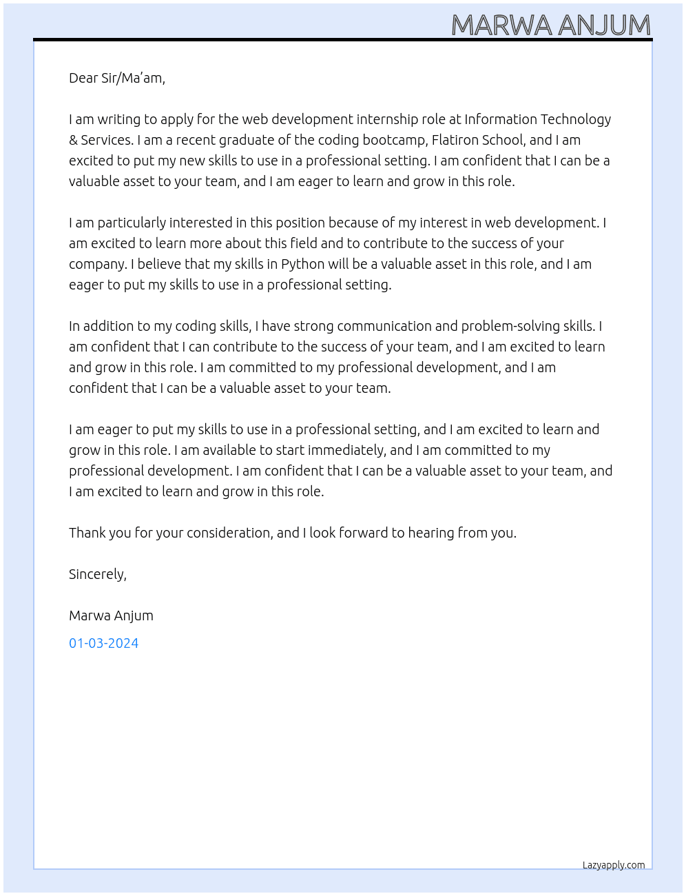 web development At Information Technology & Services Cover Letter