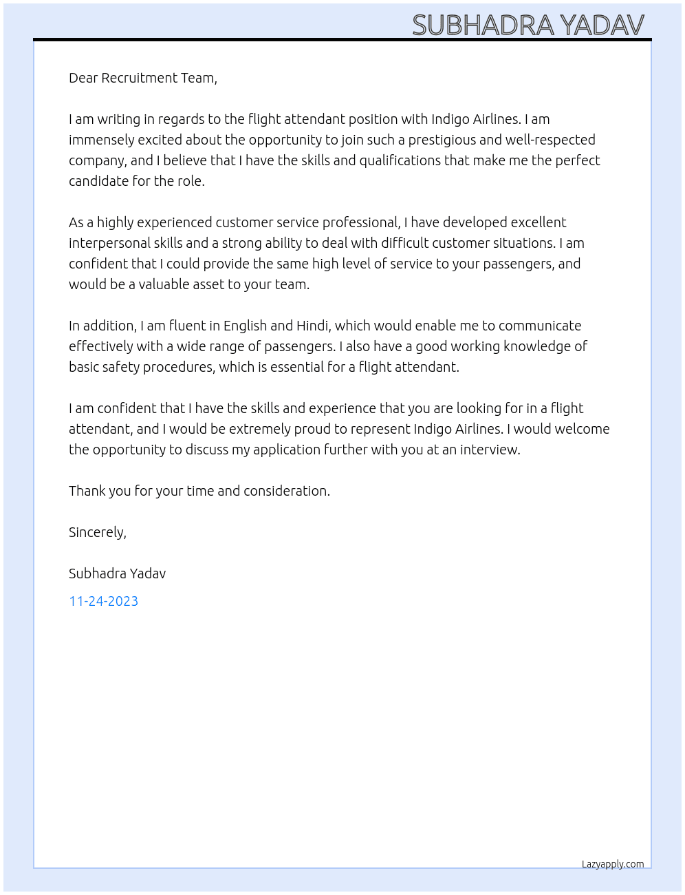 Flight attendant At Indigo airlines Cover Letter