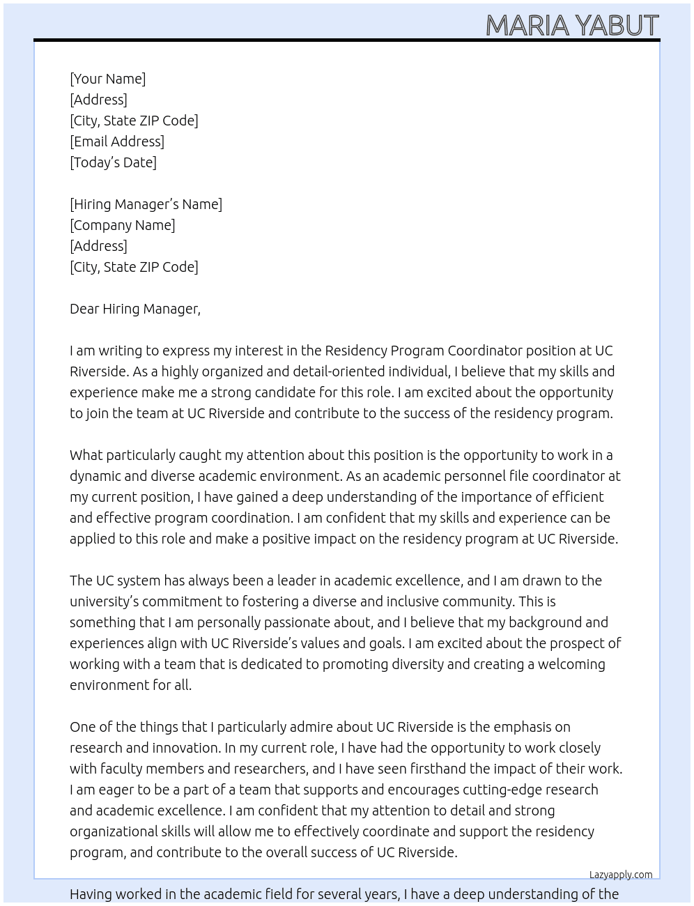 Residency Program CoordiAcademic Personnel File Coordinatornator At UC Riverside  Cover Letter