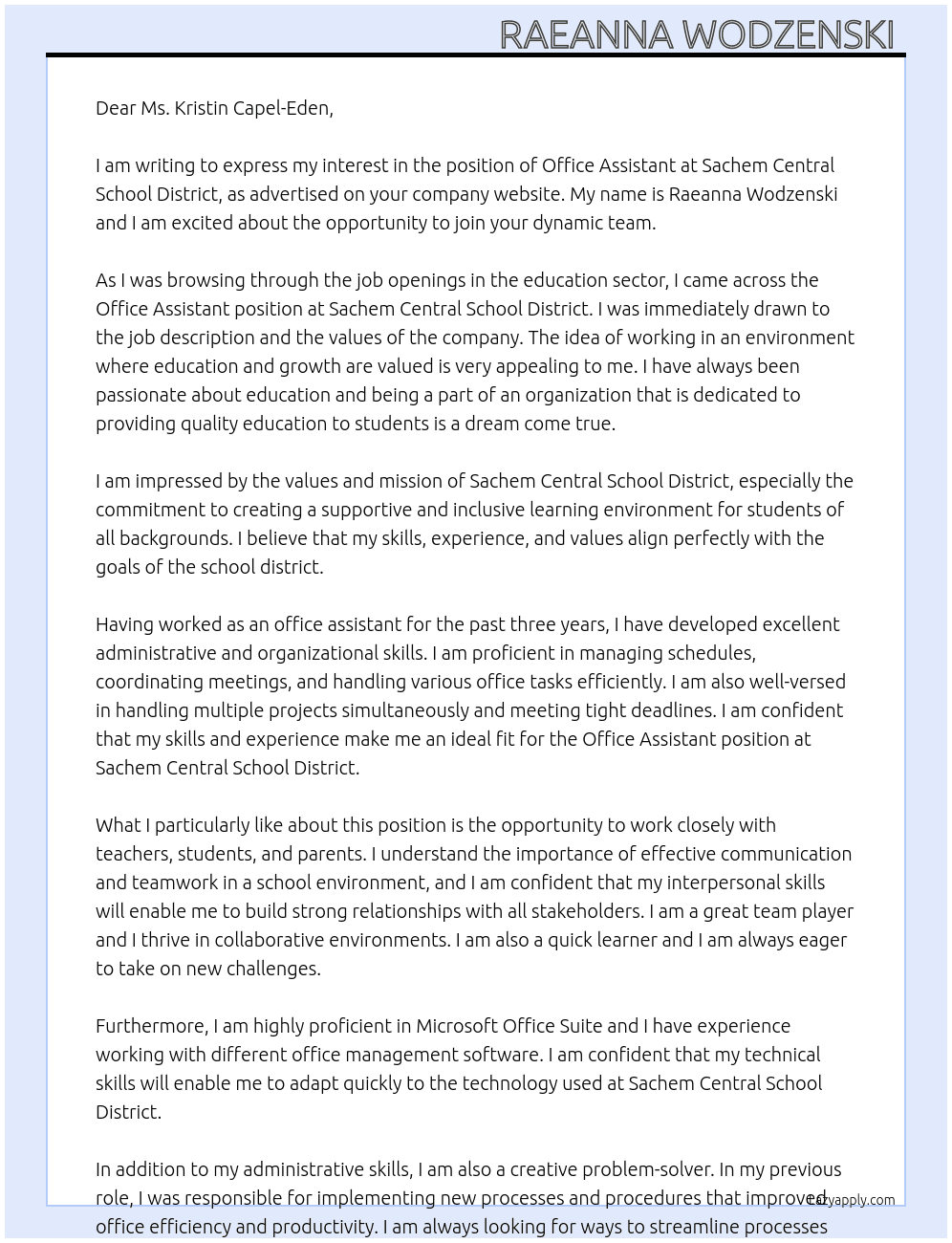 Office Assistant  At Sachem Central School District  Cover Letter