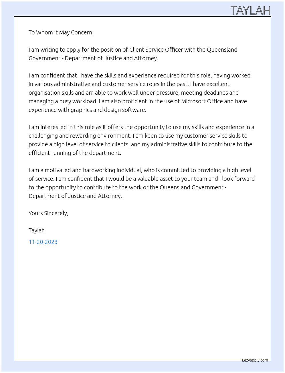 Client Service Officer At Queensland Government - Department of Justice and Attorney Cover Letter
