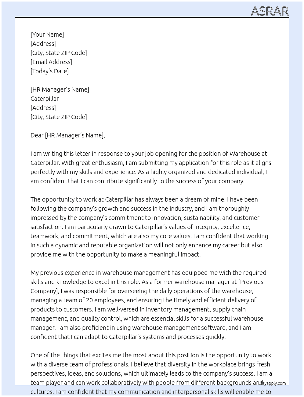 Warehouse  At Caterpillar  Cover Letter