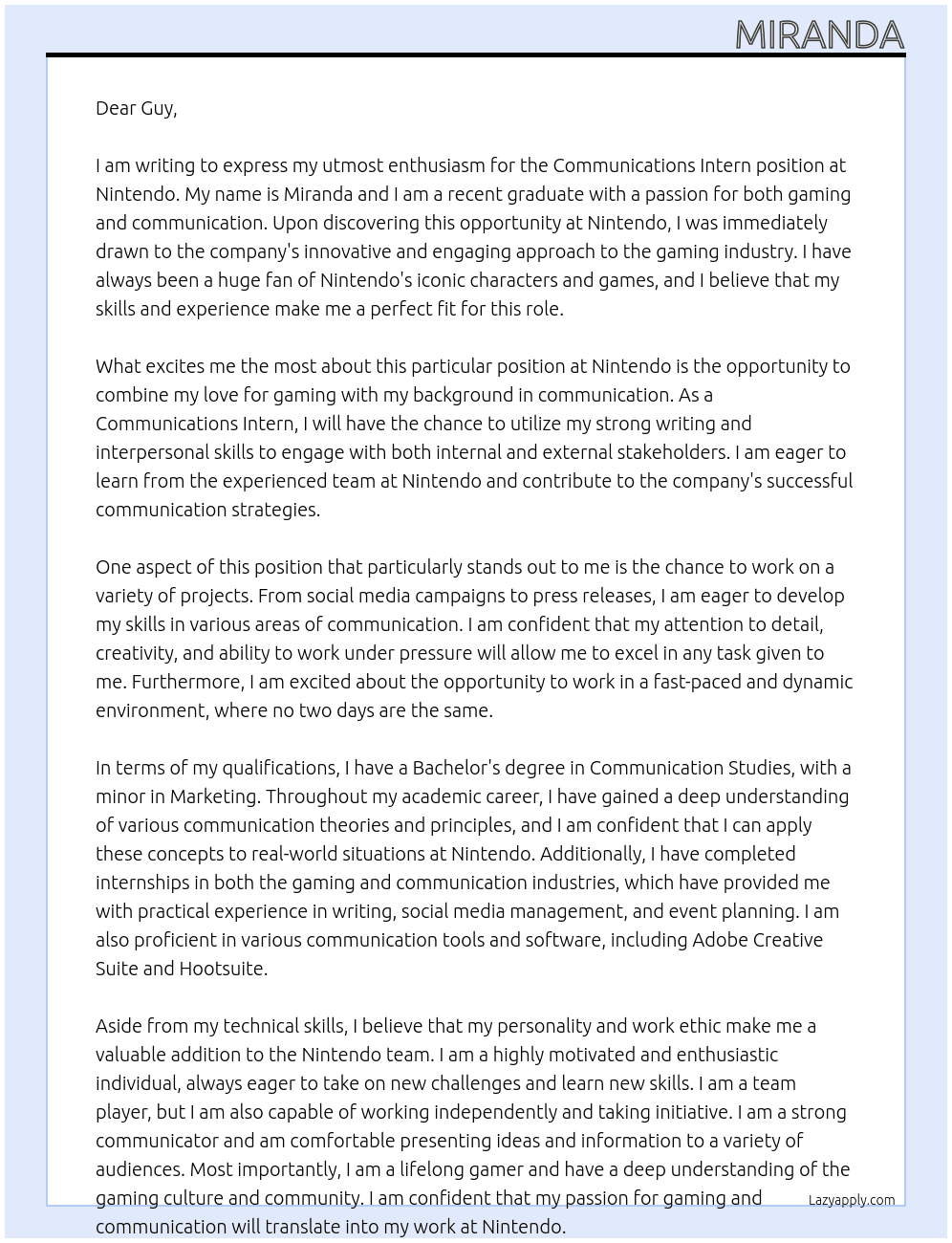 Communications Intern At Nintendo Cover Letter