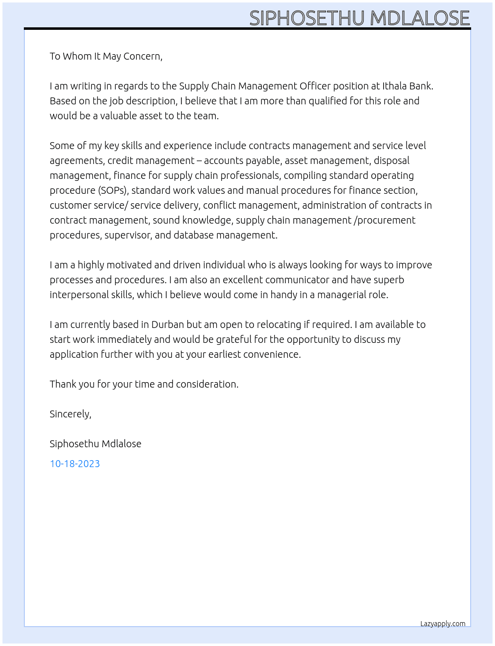 Supply Chain Management Officer At Ithala Bank Cover Letter