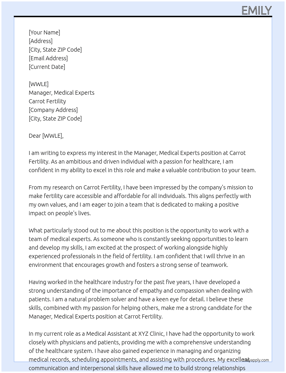 Manager, Medical Experts` At Carrot Fertility  Cover Letter