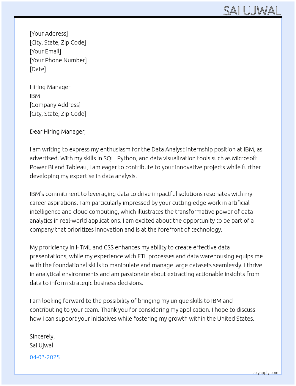 Data Analyst  At IBM Cover Letter