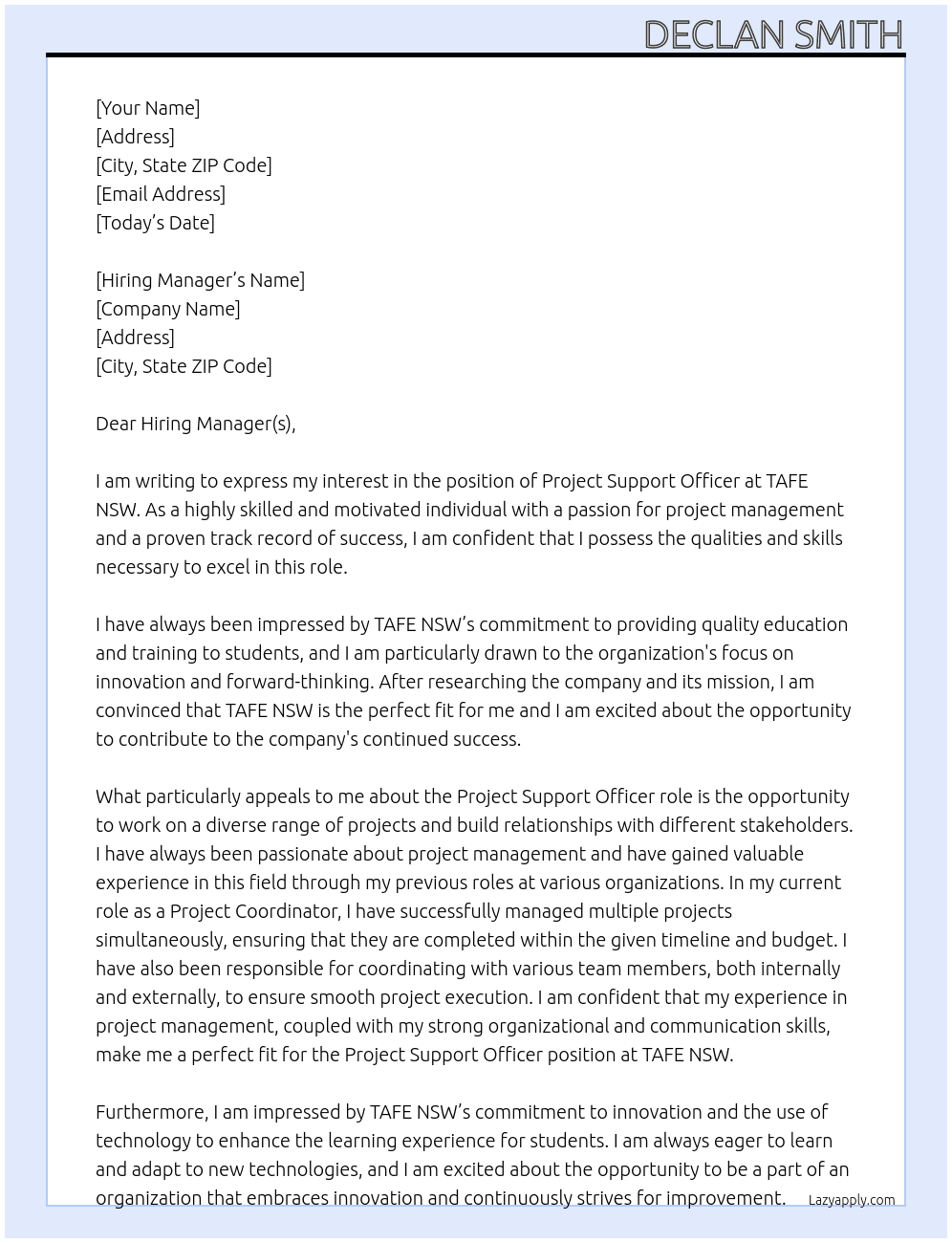 Project Support Officer At TAFE NSW Cover Letter