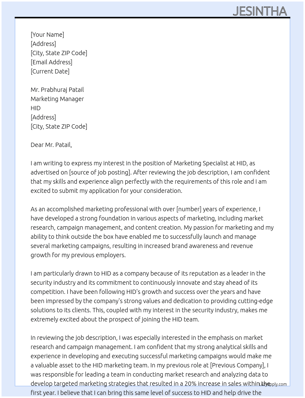 Marketing Specialist At HID Cover Letter