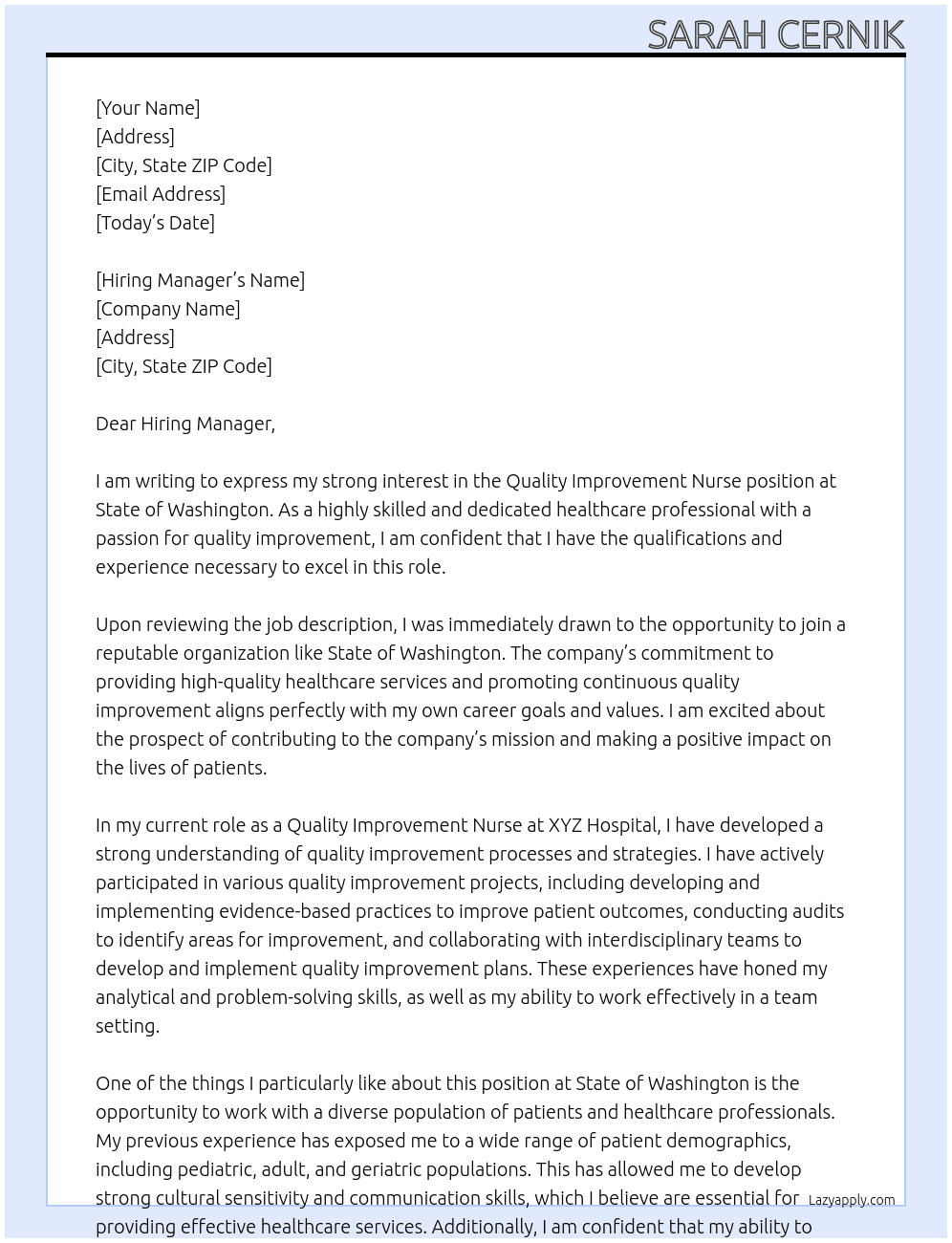 Quality Improvement Nurse At State of Washington Cover Letter