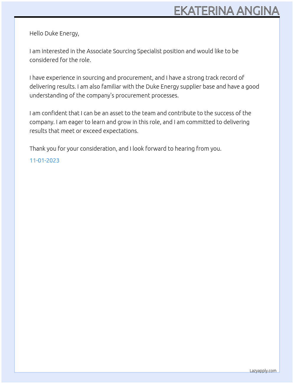 Associate Sourcing Specialist At Duke Enery Cover Letter