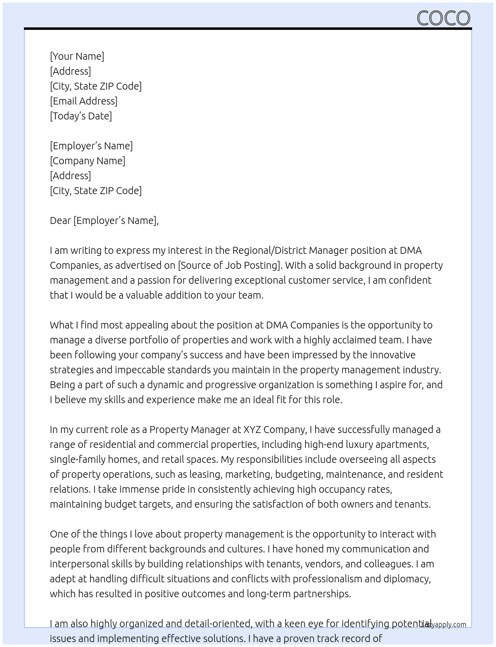 Property Manager At DMA Companies Cover Letter