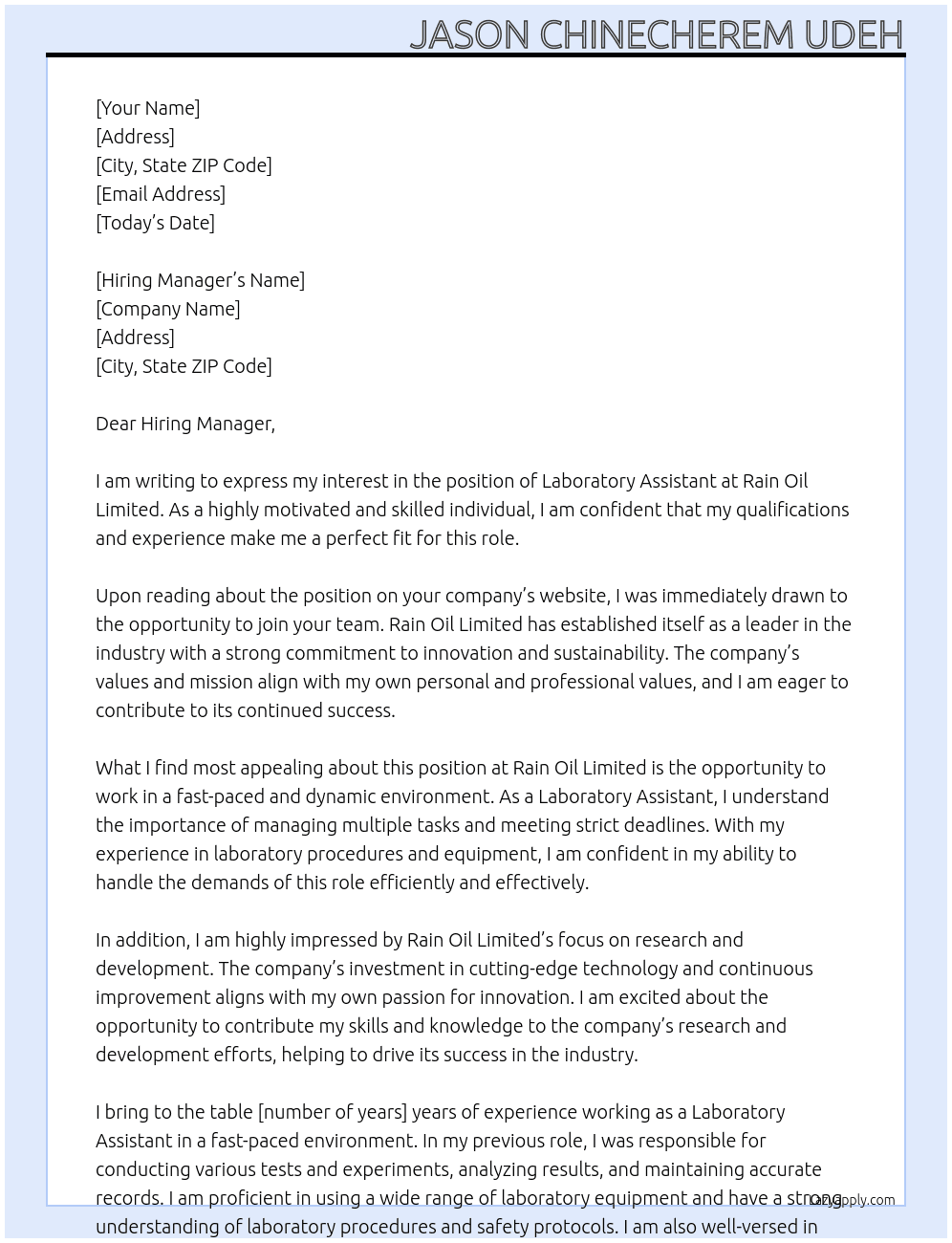 Laboratory Assistant At Rain Oil Limited Cover Letter