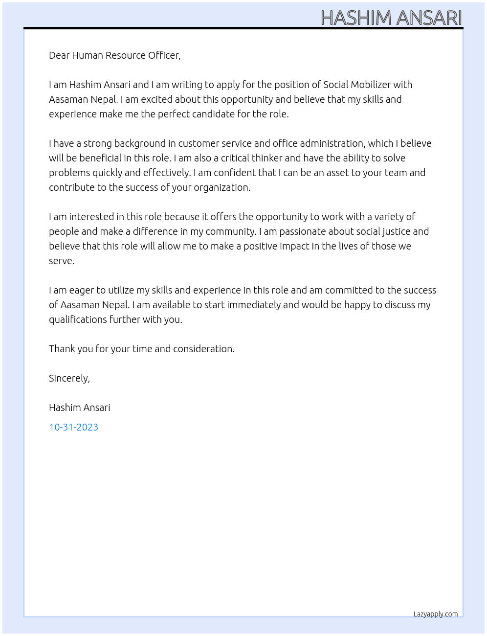 Social Mobilizer At Aasaman Nepal Cover Letter