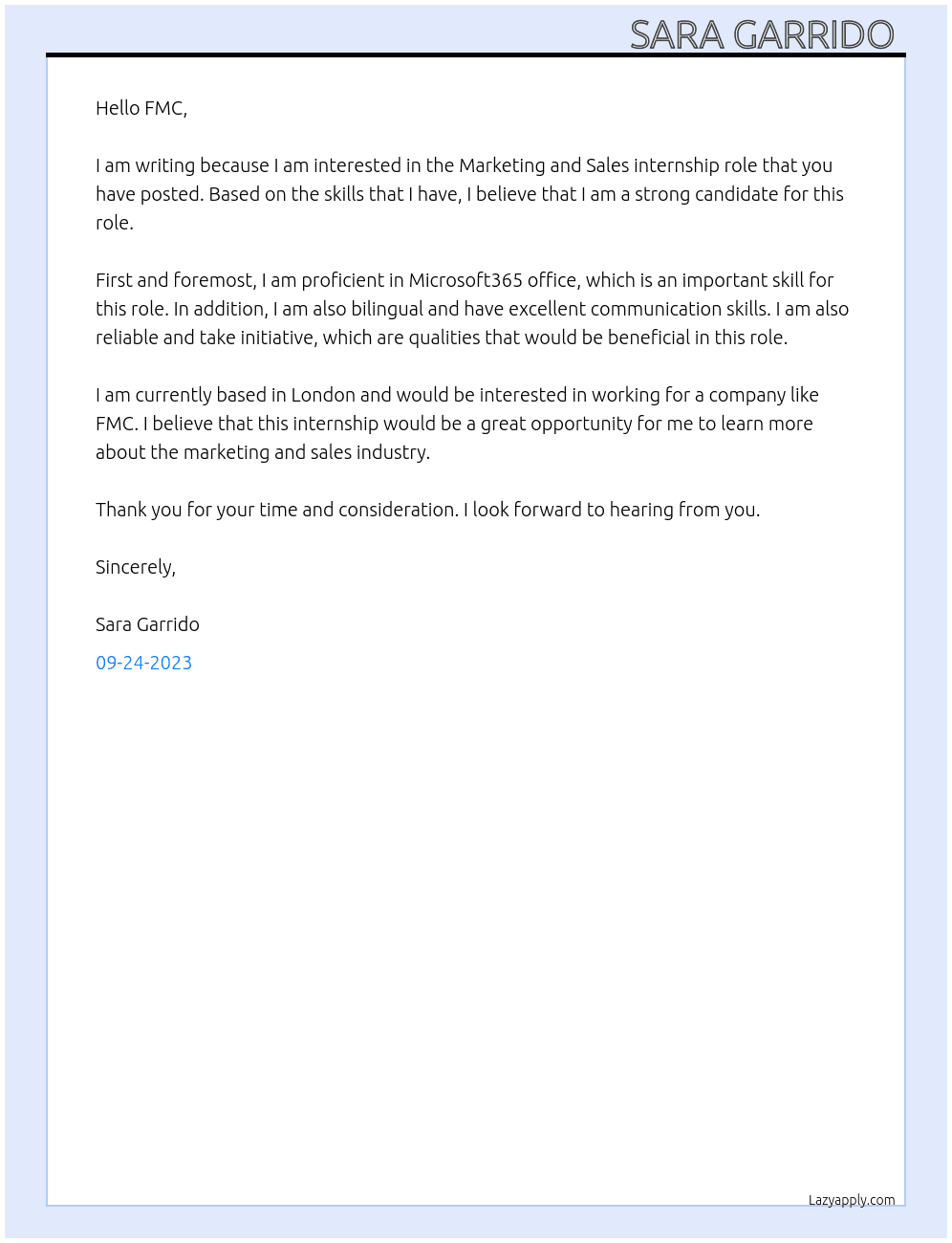 Marketing and sales internship At FMC  Cover Letter