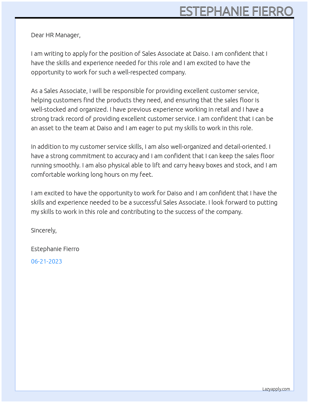 sales associate At daiso Cover Letter