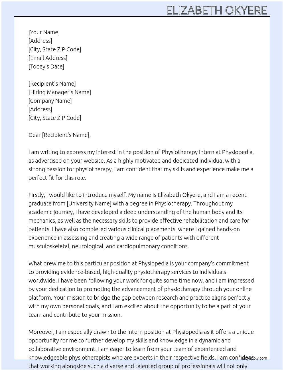 Physiotherapy intern At Physiopedia Cover Letter
