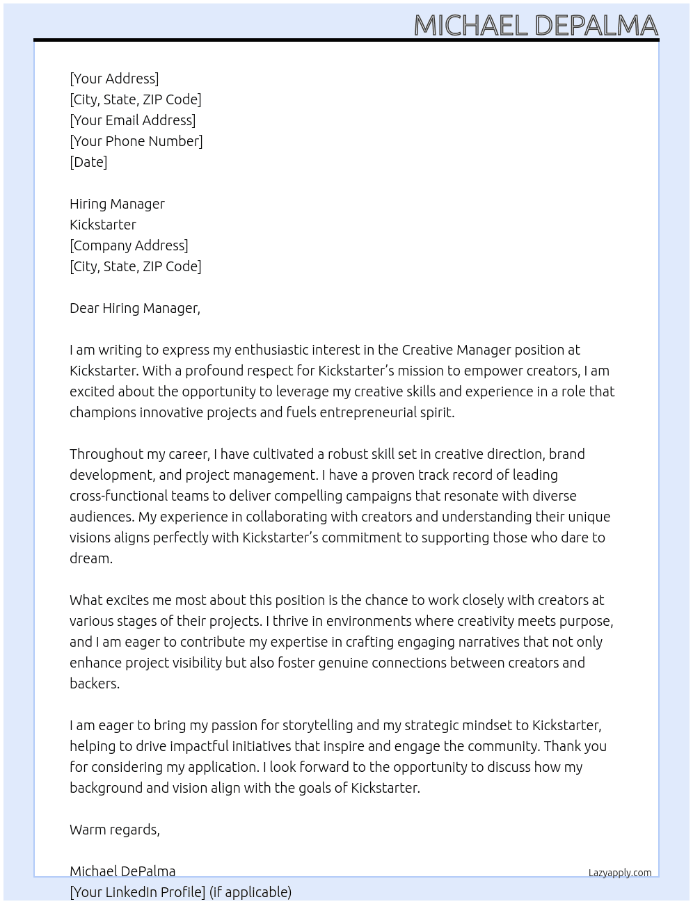 creative manager At kickstarter Cover Letter
