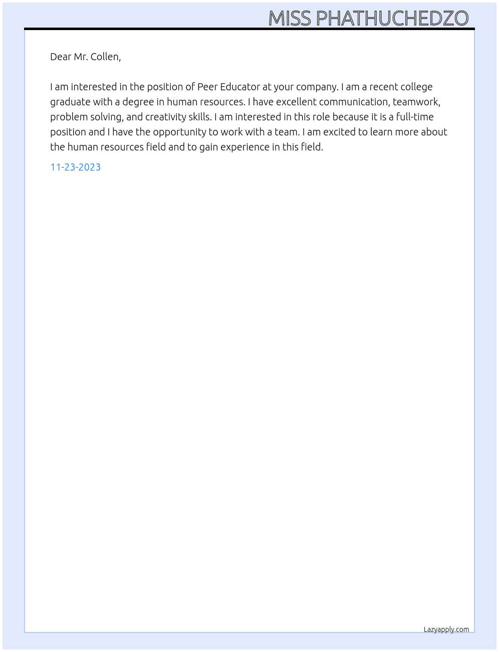 Peer educator At Human resource Cover Letter