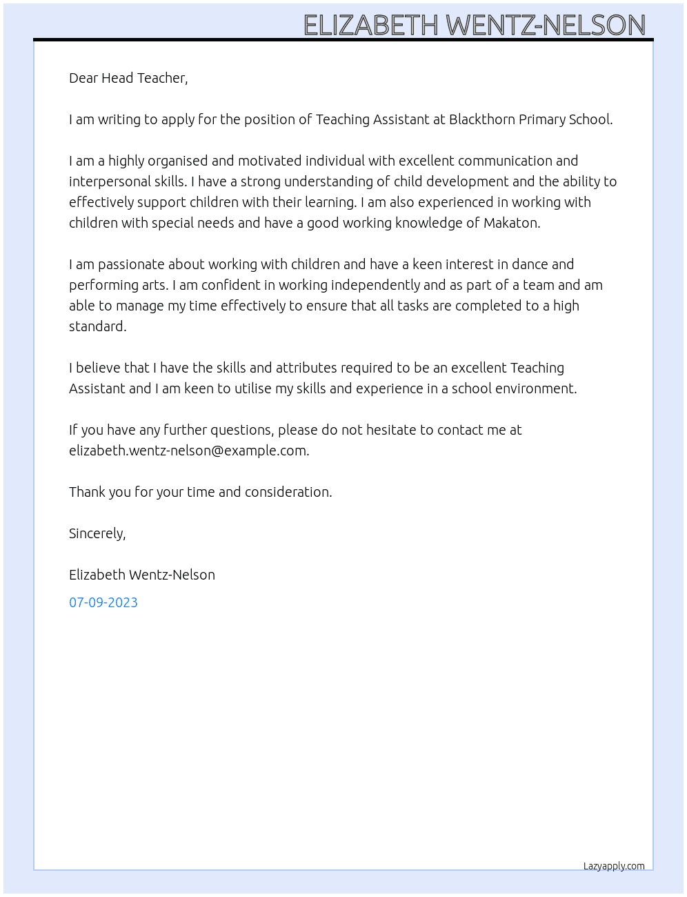Teaching assistant  At Blackthorn Primary School  Cover Letter