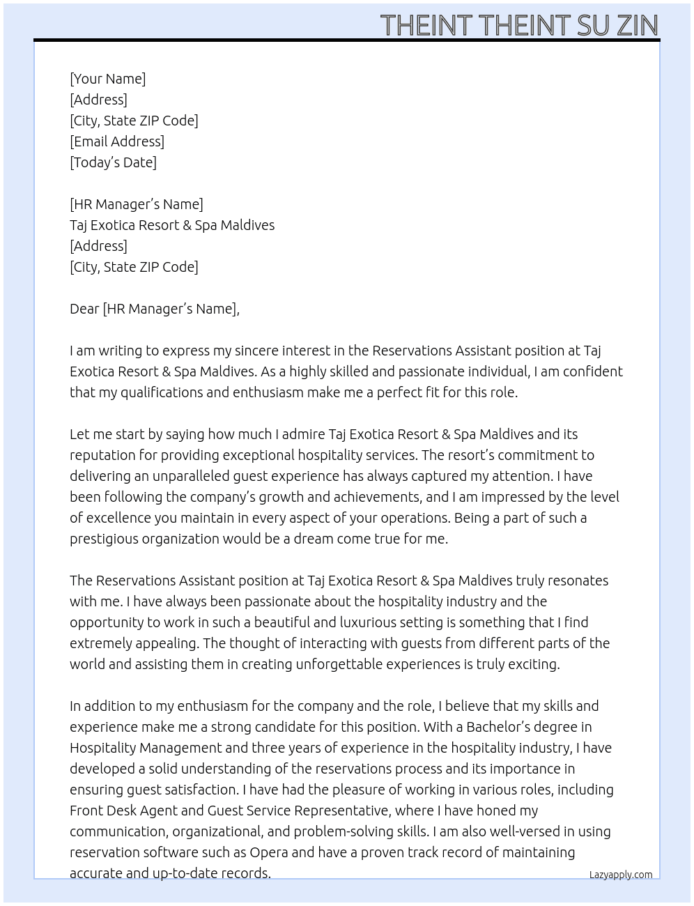 Reservations Assistant  At Taj Exotica Resort & Spa Maldives Cover Letter