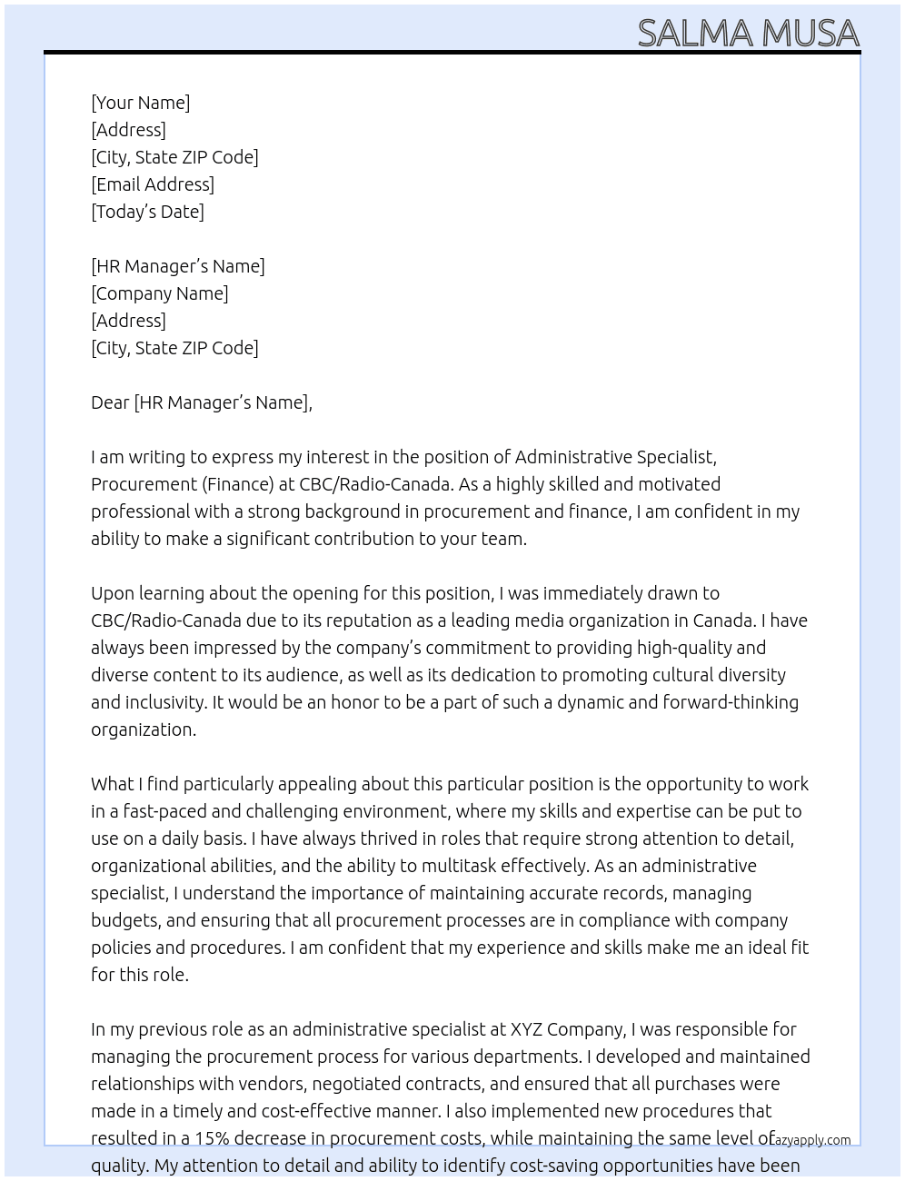 Administrative Specialist, Procurement(Finance) At CBC/Radio-Canada Cover Letter