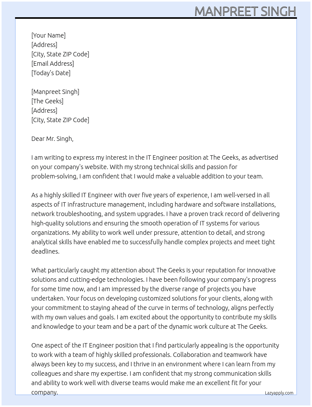 IT Engineer At The Geeks Cover Letter