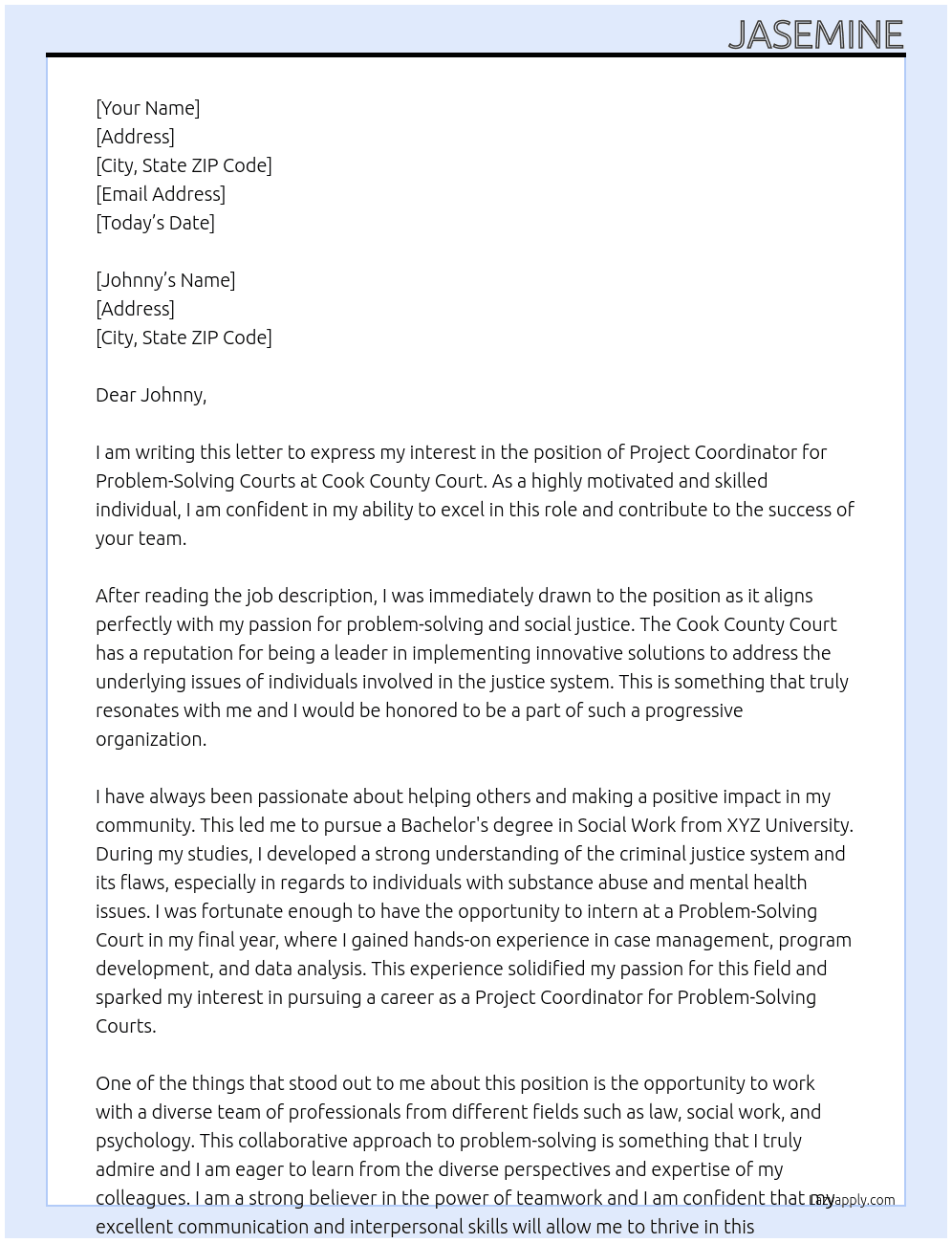 Project Coordinator, Problem-Solving Courts At Cook County court Cover Letter