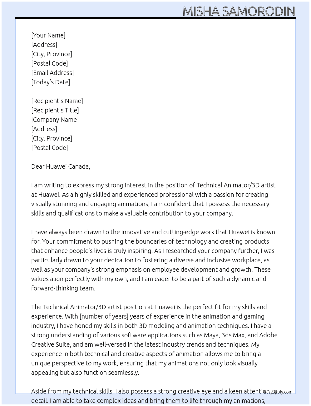 Technical Animator/3D artist At Huawei Cover Letter