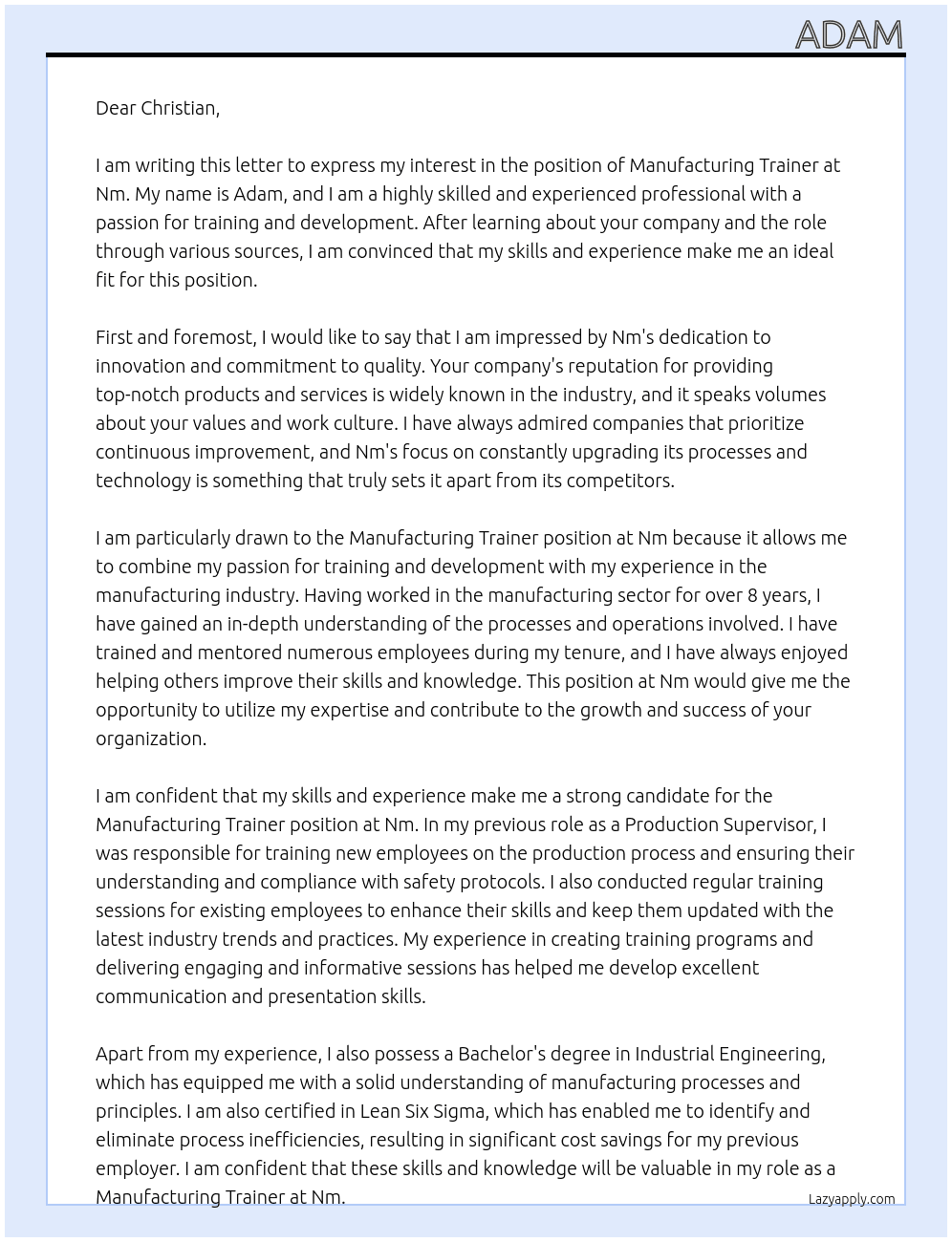 Manufacturing teainer At Nm Cover Letter