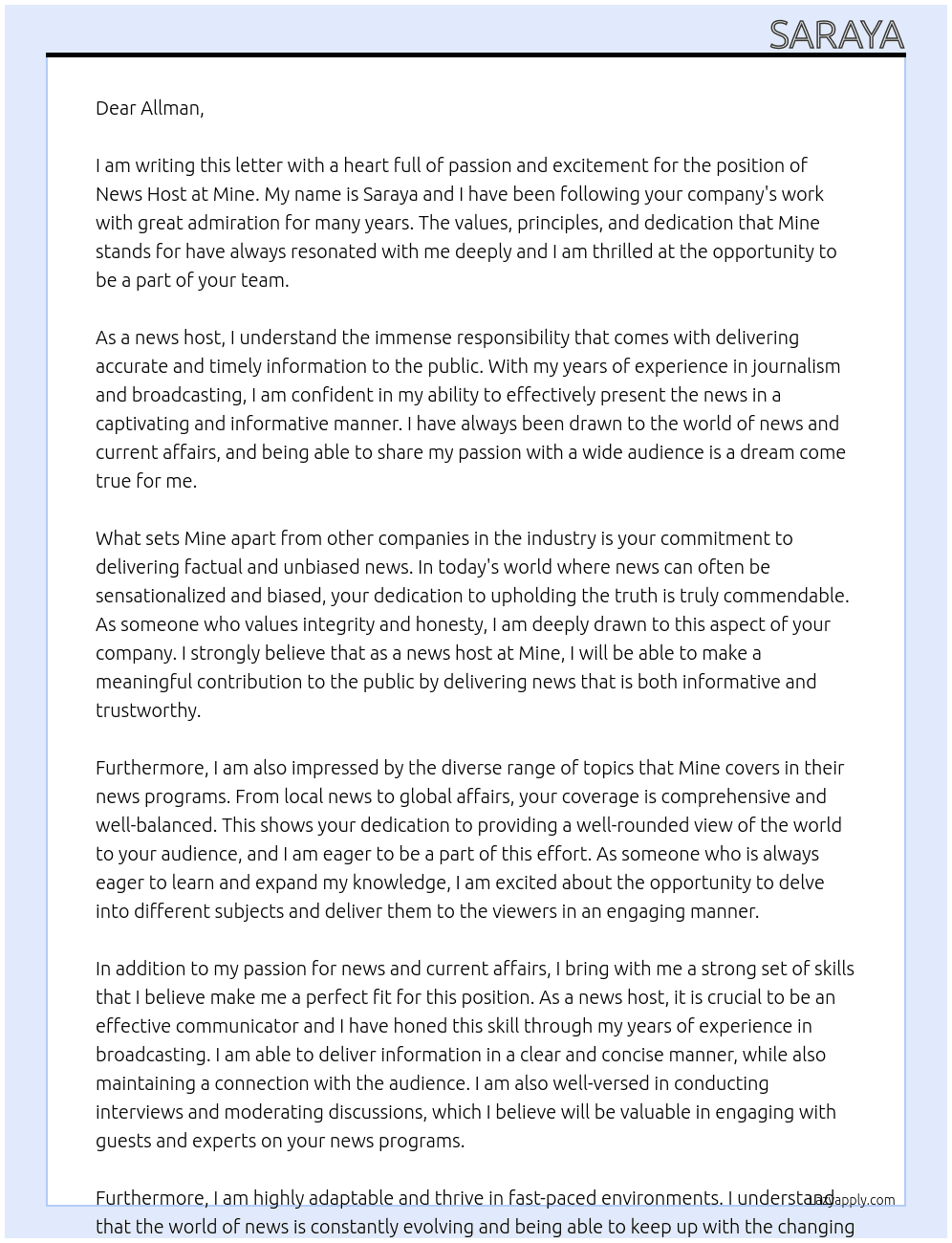 Cover letter for news host - LazyApply