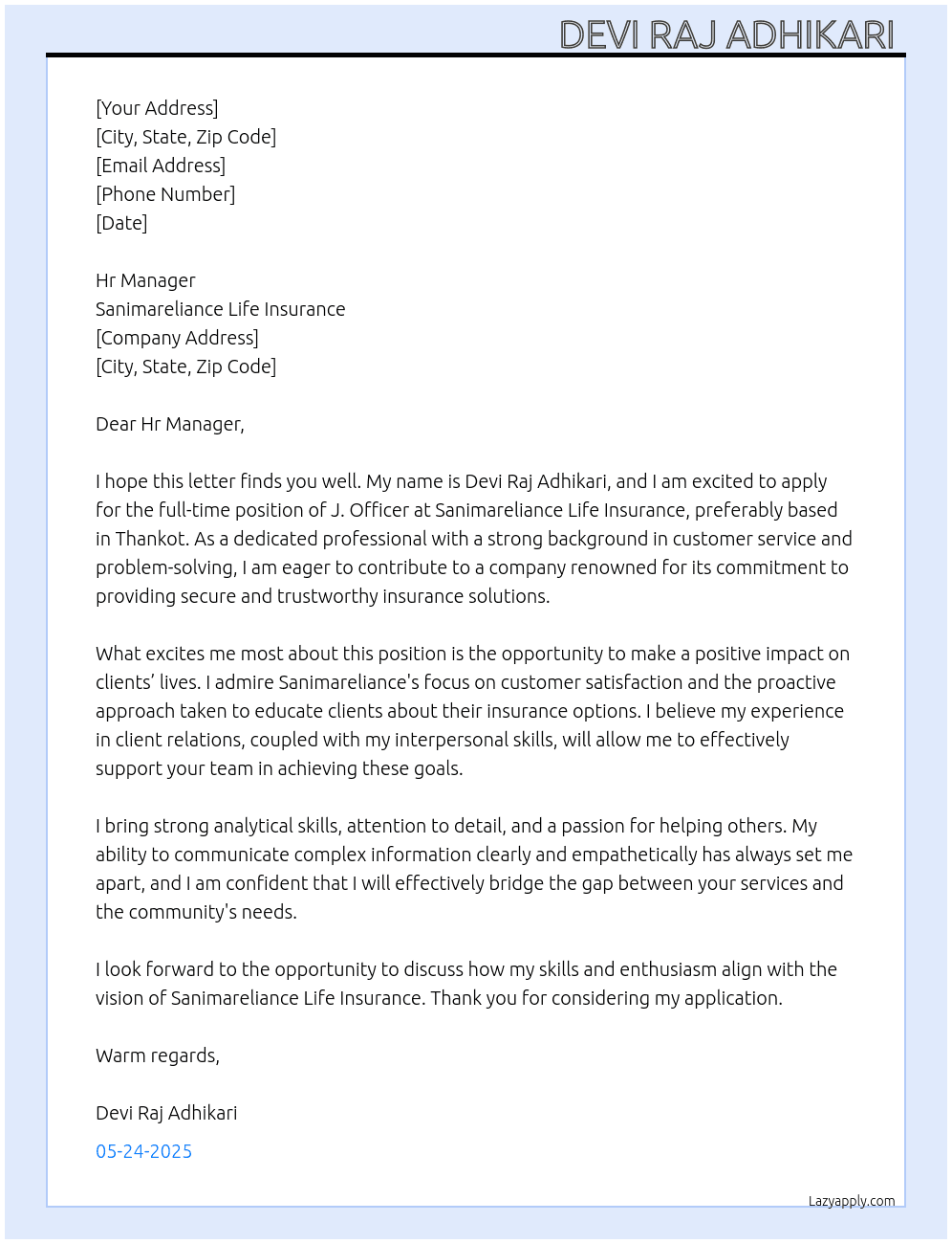 Cover letter for j.officer - LazyApply