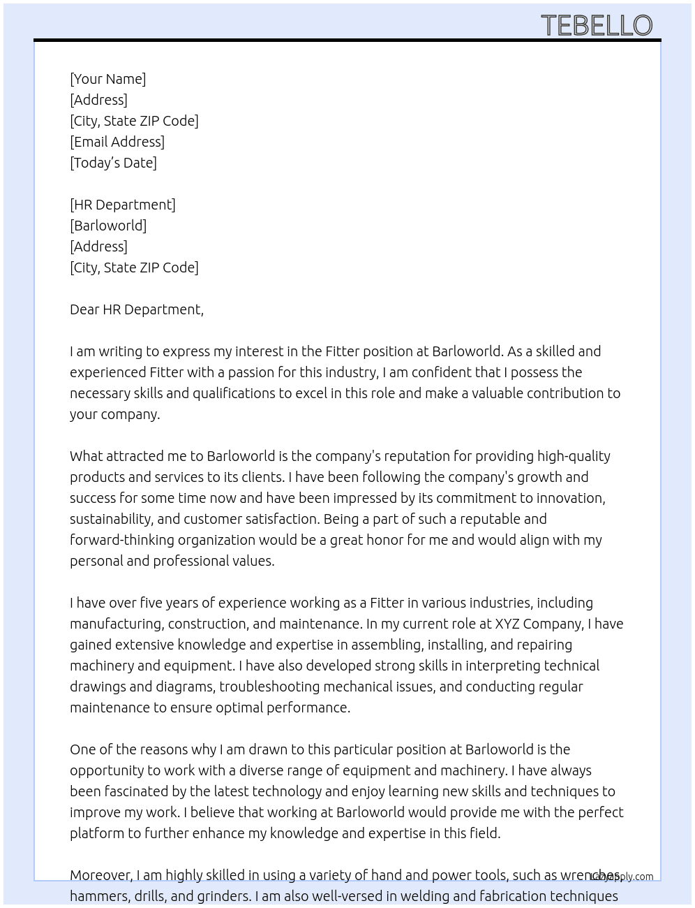 Fitter  At Barloworld  Cover Letter