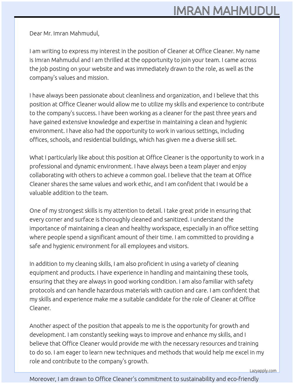 Cleaner At Office Cleaner Cover Letter