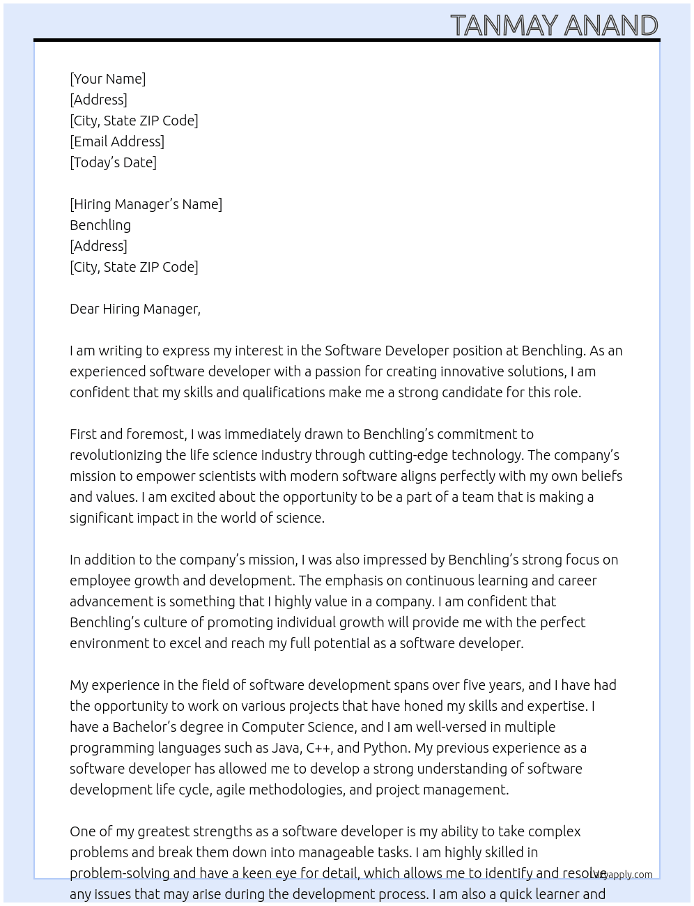 Software developer At benchling Cover Letter