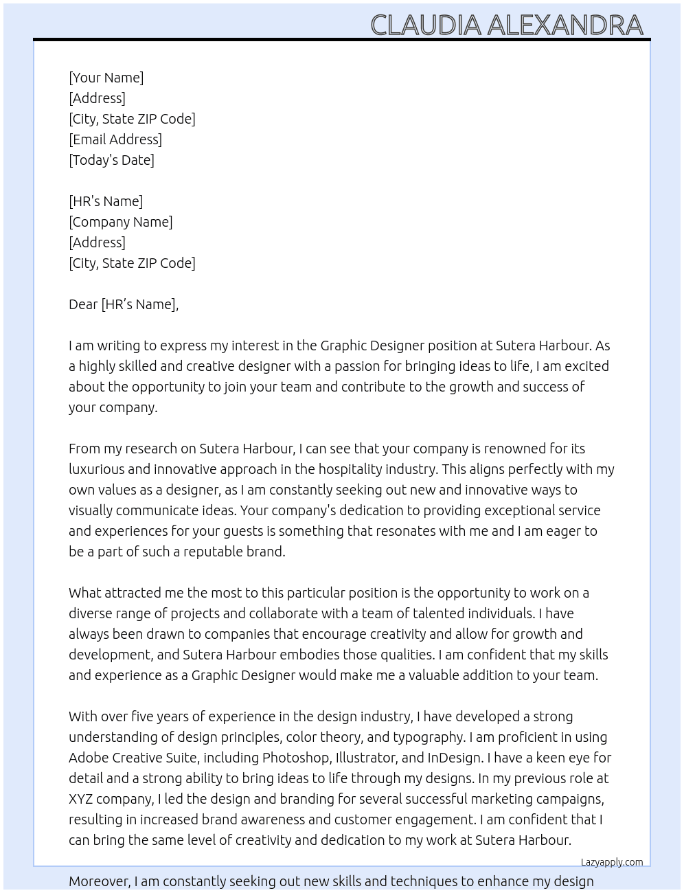 Graphic Designer  At Sutera Harbour Cover Letter