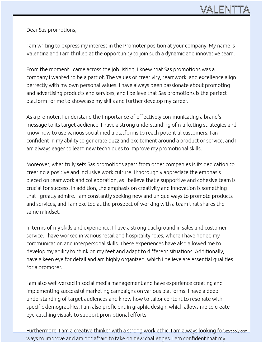Promoter At Sas promotions Cover Letter