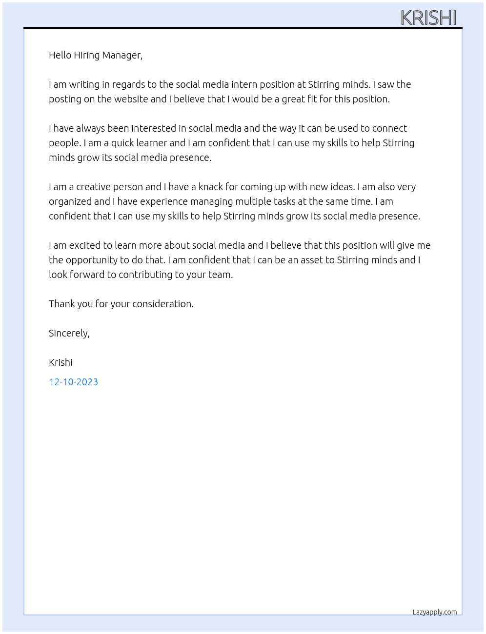 Social media intern  At Stirring minds Cover Letter