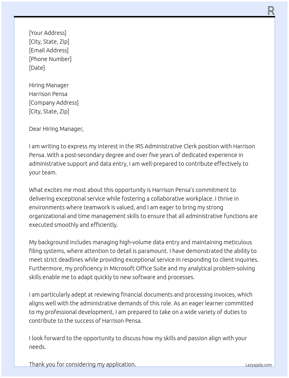 Cover letter for irs administrative clerk - LazyApply