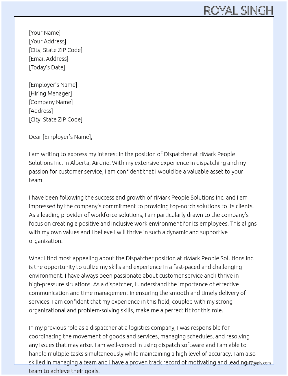 Dispatcher  At riMark People Solutions Inc. - CA Alberta Airdrie Cover Letter