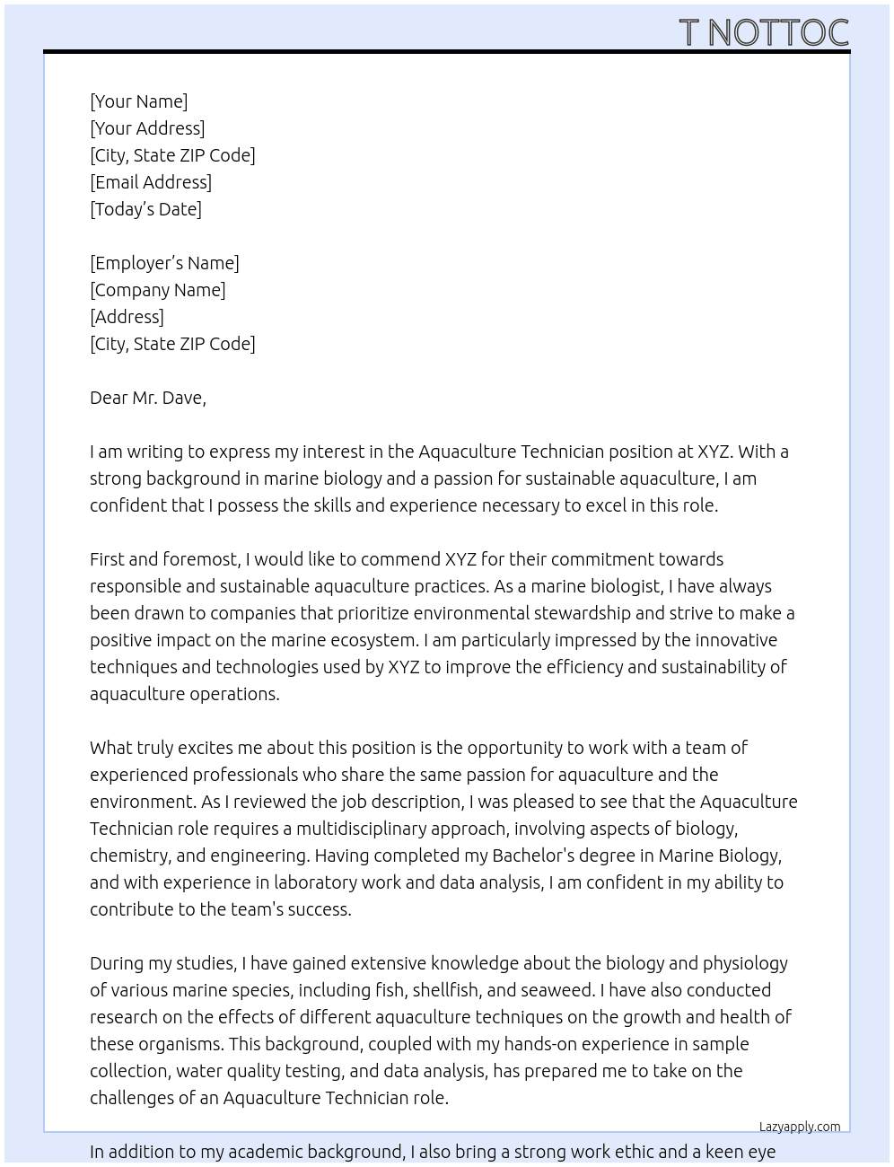 Cover letter for aquaculture technician - LazyApply