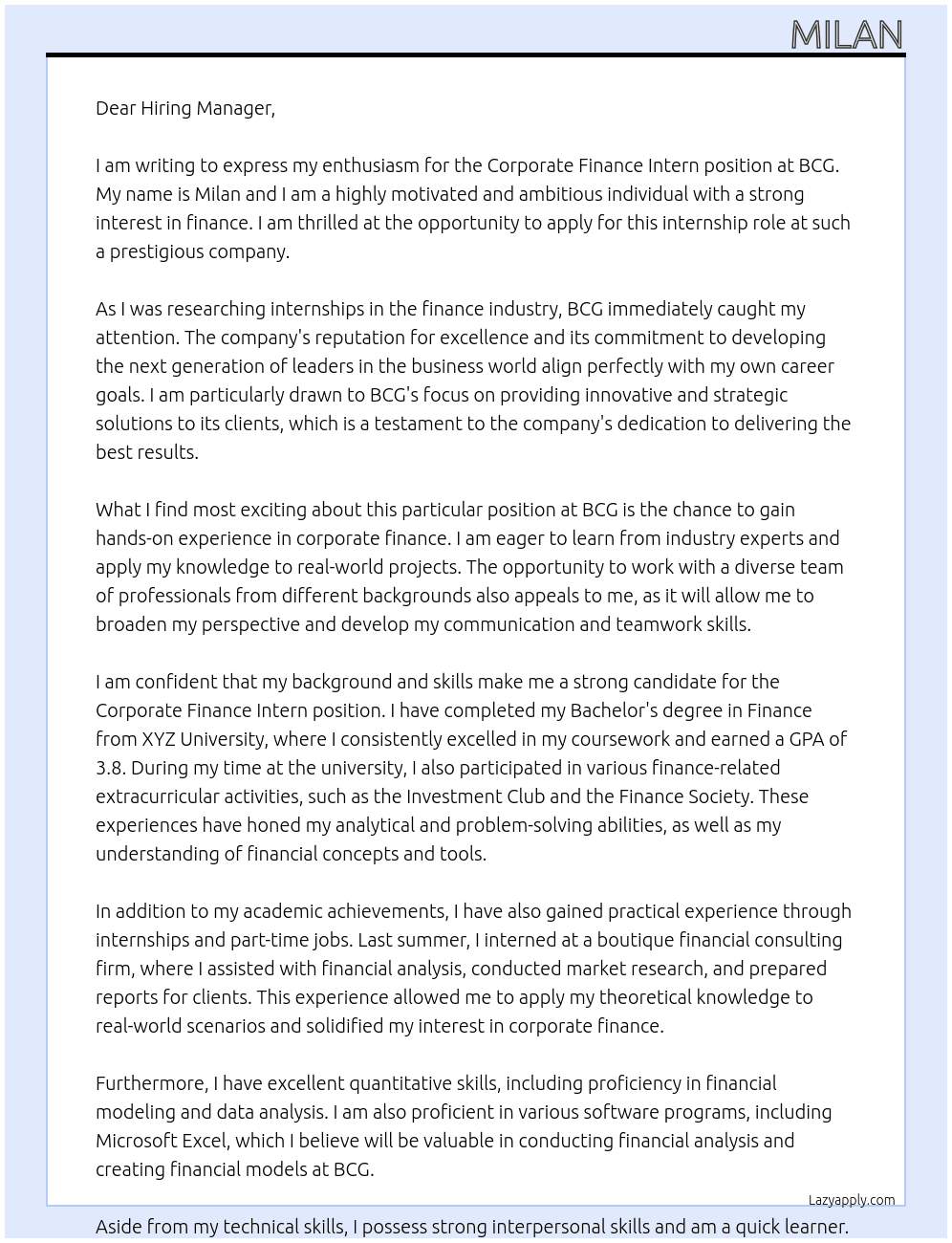Corporate finance intern At BCG Cover Letter