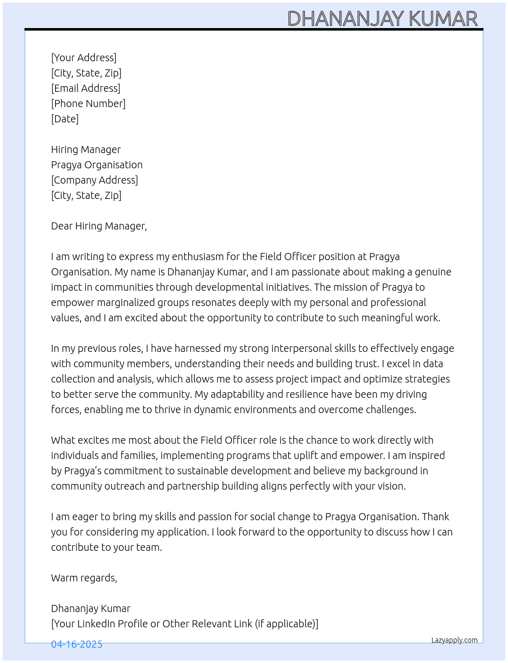 Field officer At Pragya organisation Cover Letter