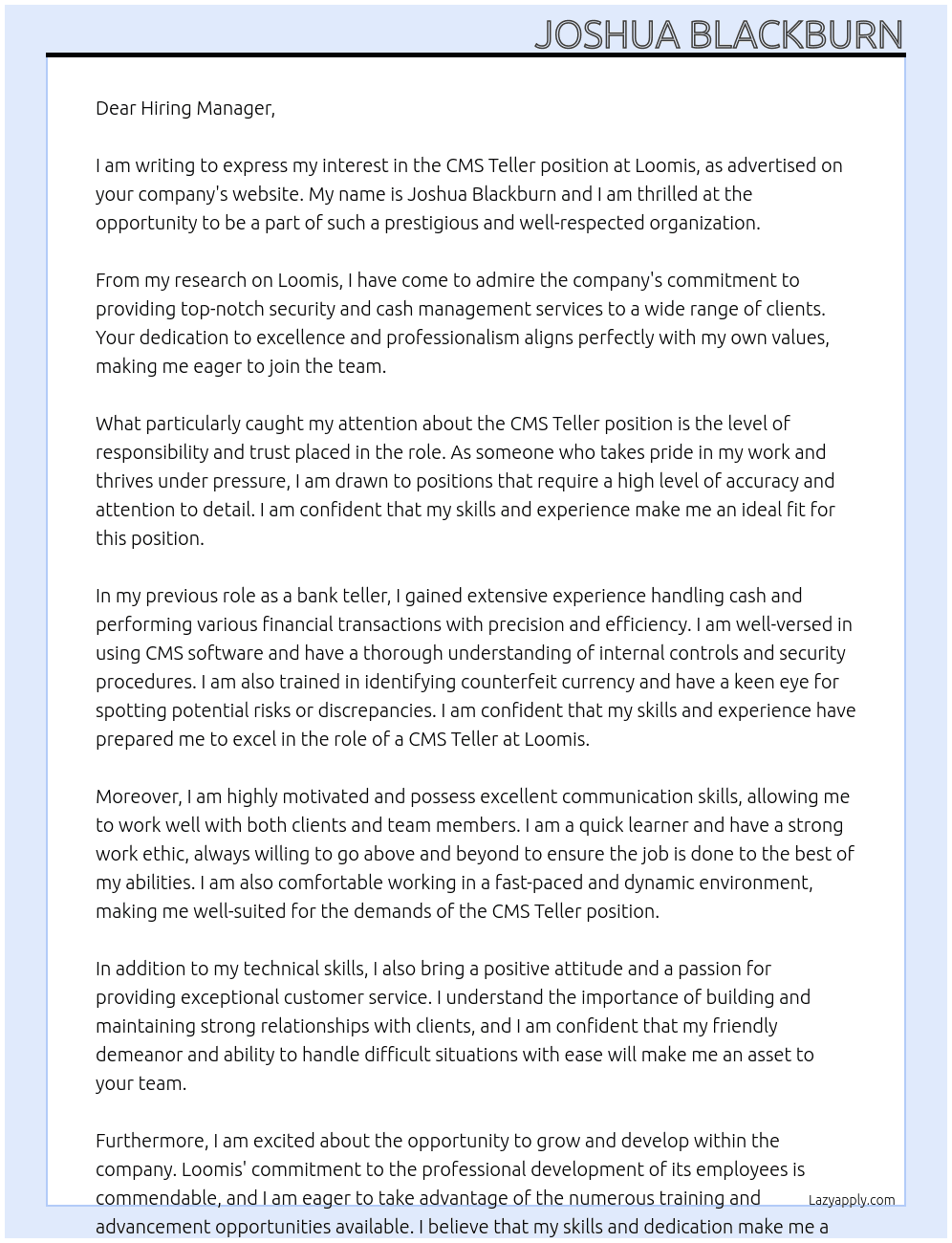 CMS Teller At Loomis Cover Letter